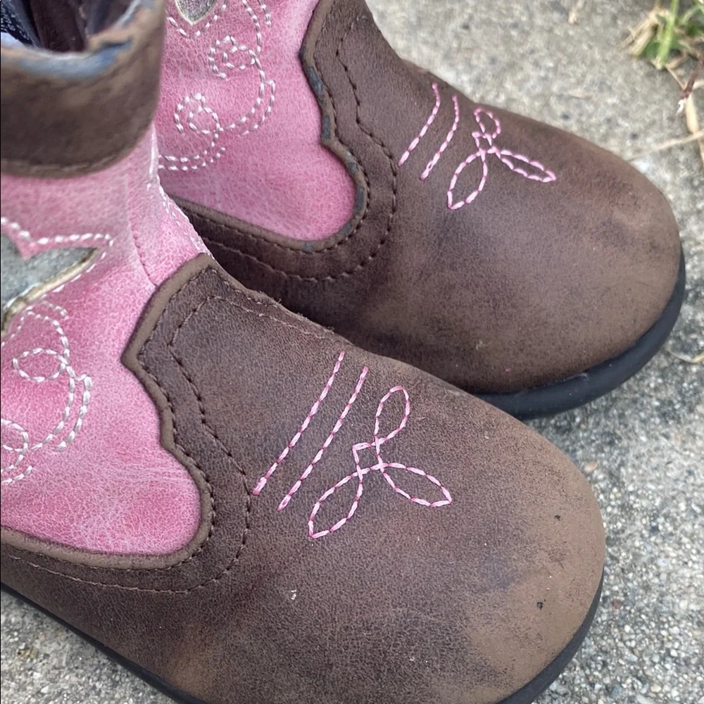 Pink and Brown Kids Cowboy Boots Cowgirl Western boot with Silver Butterfly’s - Picture 4 of 12